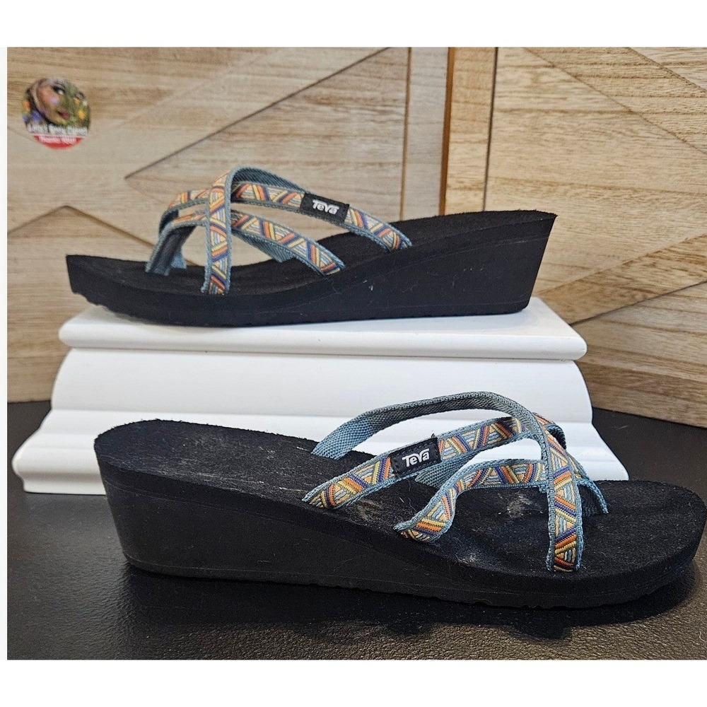 Teva Wedge Sandals Womens 9 Blue Ola 2 Geometric Print Thong Sandal #697